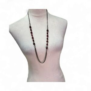 Express Silver Tone Long Chain Necklace with Red Faceted Beads